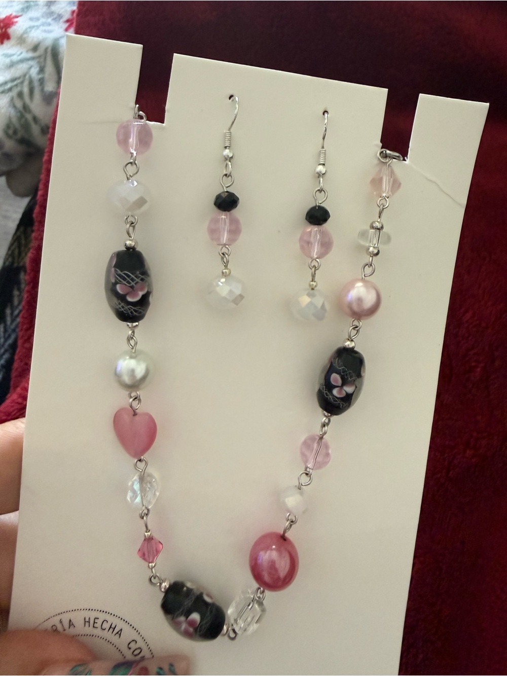 Handmade Pink Crystal & Glass Bead Necklace and Earrings Set